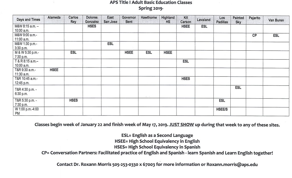 APS believes that our students are more inclined to learn when our community is educated. Free classes are available for anyone at the times and places listed below. Take a class or two and encourage your kid to do the same!