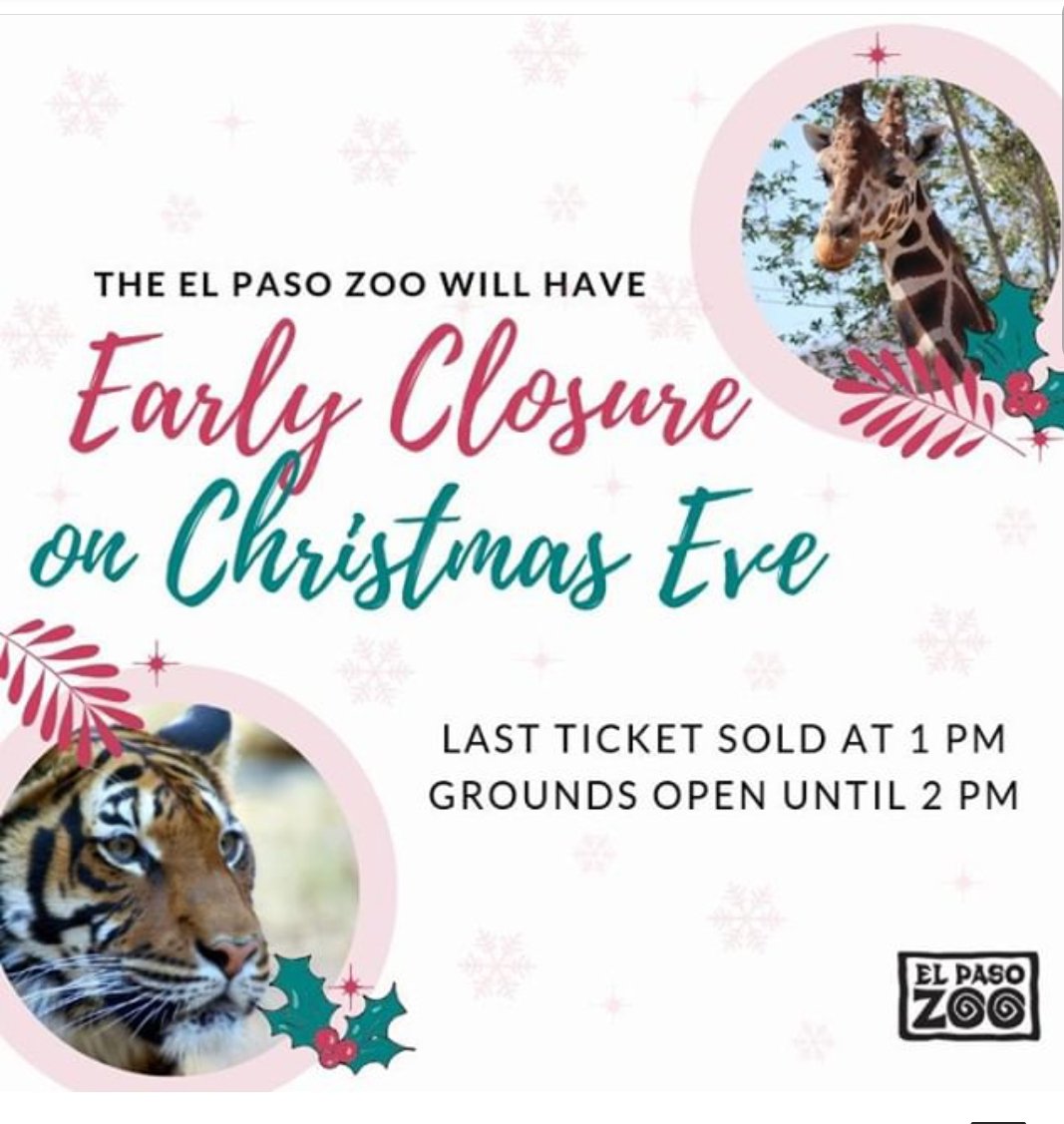 EZoosociety's tweet photo. Attention members and guest we will be closing early on Christmas Eve and will be closed on Christmas day. 
Happy Holidays from the El Paso Zoological Society 
#EPZS #SUPPORT #FUND #ITSWHATWEDO https://t.co/lFQb7xY1R7