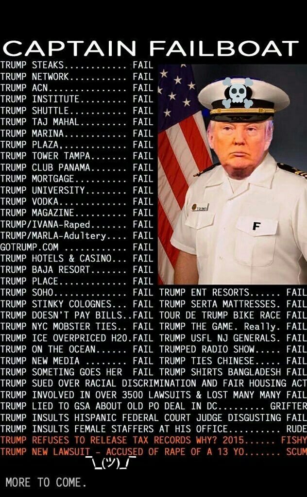 kingfish7418's tweet photo. @mlr_designs Captain Failboat go down with your ship.
You've done enough damage to our great country. #TrumpResign #Erase45 #FuckTrump #GeneralMattis #IdiotInChief #TrumpResign #GovernmentShutdown #PutinsPuppet #ProtectMueller #TrumpShutdown #TrumpTemperTantrum https://t.co/saeNEFxbVN