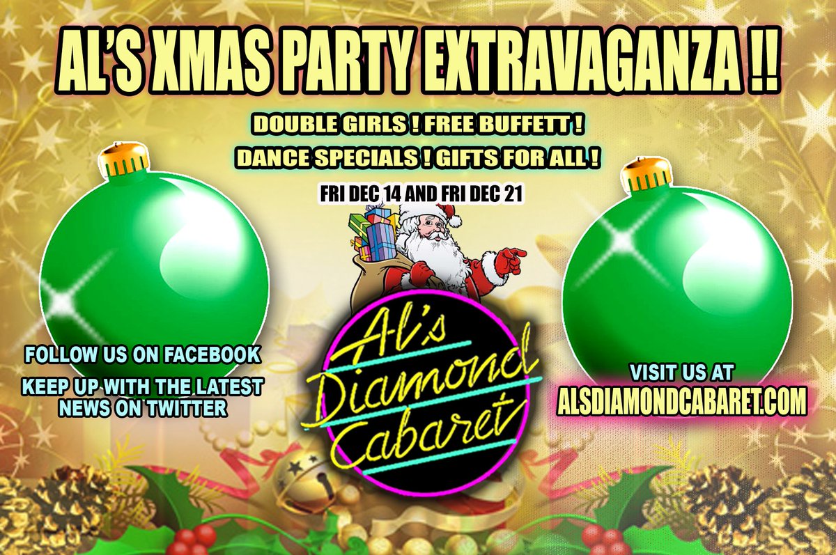 AL'S DIAMOND CABARET @ALSDIAMONDCLUB  Dec 21
Merry Christmas to All! Tonight we are hosting our annual XMAS EXTRAVAGANZA! Free buffet, extra girls, drink specials, and much more! #HappyHourReading #ChristmasInReading #ReadingPA #Strip #StripClubReading #AlsDiamondCabaret