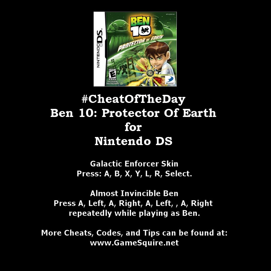 GameSquire's tweet photo. #CheatOfTheDay #Ben10ProtectorOfEarth Galactic Enforcer Skin & Almost Invincible Ben #NintendoDS https://t.co/R0KB4jGf5C #HighVoltageSoftware #1stPlayableProductions #D3Publisher #Ben10 #NDS #Nintendo #Ninstagram #Instanintendo #InstaRetroGaming #InstaClassicGaming #Gaming #Gamer https://t.co/byIczF4AXB