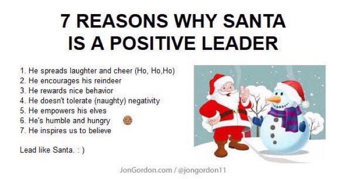 JonGordon11's tweet photo. 7 Reasons Why Santa is a Positive Leader:

1. He spreads laughter and cheer (Ho, Ho,Ho) 
2. He encourages his reindeer
3. He rewards nice behavior 
4. He doesn’t tolerate (naughty) negativity
5. He empowers his elves
6. He’s humble and hungry 🍪
7. He inspires us to believe https://t.co/jUJ3kgZerM