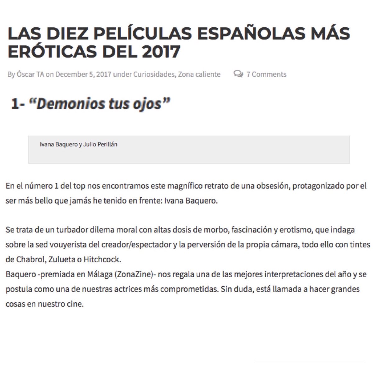ivanabaquero_'s tweet photo. Con el nuevo ranking de este año, aprovecho para recordar el puesto número 1 que le dió @Blogdecineesp el año pasado #DemoniosTusOjos 😋😇 ¡Si durante las fiestas estás de peli y manta, aprovecha! https://t.co/Oe6NbWEm9u