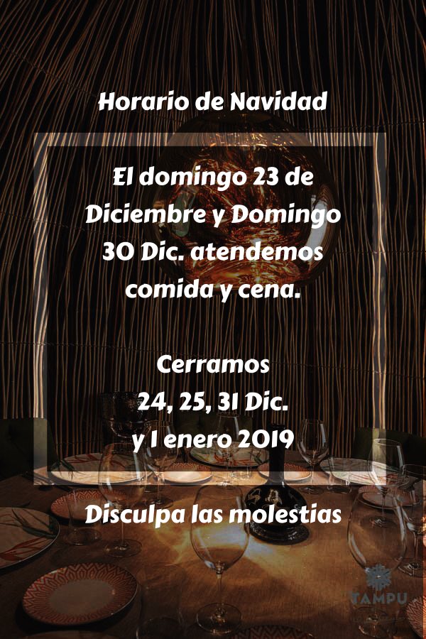 Os informamos de nuestro horario especial Navidad.

El domingo 23 de Diciembre y Domingo 30 de diciembre atendemos  comida y cena. 

Permaneceremos cerrados los días 24, 25 y 31 de diciembre 2018 y además el 1 enero 2019.

Os deseamos unas felices Fiestas de #Navidad2018 🎄