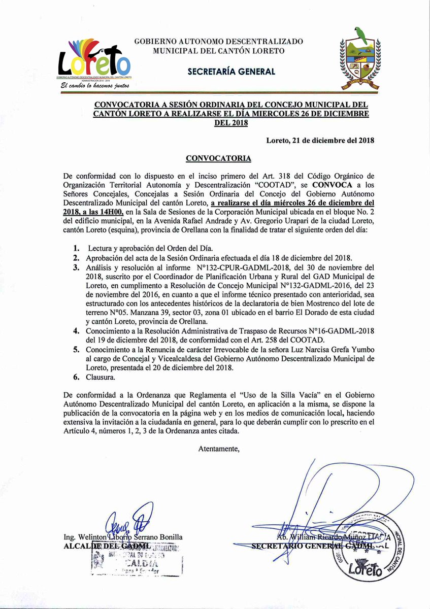 #CONVOCATORIA
  Se realiza la convocatoria a Sesión Ordinaria del Concejo Municipal del  Cantón Loreto a realizarse el día miércoles 26 de diciembre del 2018.
 Más detalles.