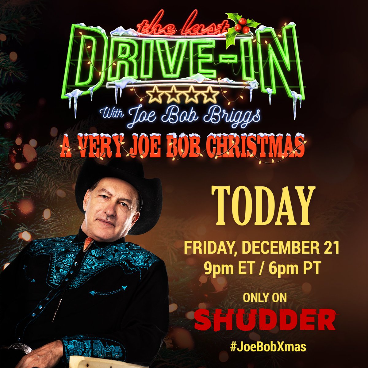 Shudder's tweet photo. 🎄TODAY IS THE DAY!!🎄@therealjoebob's A Very Joe Bob Christmas will be live on Shudder TONIGHT starting at 9pm EST / 6pm PST!! We'll see you there. #JoeBobXmas https://t.co/qbW5Q4HQHD