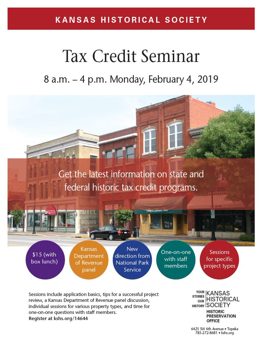 kansashistory's tweet photo. Join us on February 4, 2019 for a one-day historic tax credit seminar including in-depth discussion of program requirements, how to submit applications, the review process, and Q&amp;A sessions with State Historic Preservation Office and KDOR staff. https://t.co/UFiyqEwesB