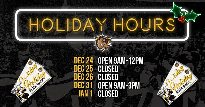 BulldogsOHL's tweet photo. Happy Holidays Bulldogs Fans! Looking to pick up the perfect last-minute gift?Head to the Bulldogs front office on Bay and York for merch and tickets.  We'll be open until 5pm today and our holiday hours kick into effect starting Monday. https://t.co/80IquPYiT3