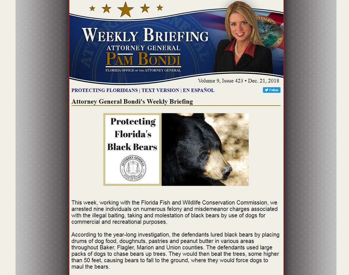 This week, we arrested 9 individuals on charges related to the illegal baiting, taking & molestation of black bears, I attended the @POTUS roundtable discussion on school safety & announced a $625 million settlement. Read about these events & more here: myfloridalegal.com/newsbrie.nsf/O…