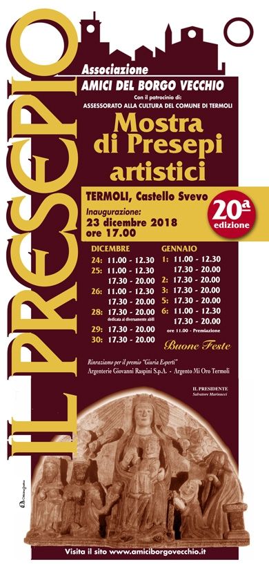 AmiciBorgo's tweet photo. Domenica 23 alle ore 17:00 apre i battenti la XX edizione della mostra dei presepi artistici "Il Presepio"... Vi aspettiamo numerosi! Per gli orari consultate la locandina e il nostro sito https://t.co/np49eD1CKi 
#presepe #Termoli #molise #natale2018
#domenica #mostra #borgo https://t.co/DSpfaBM46g