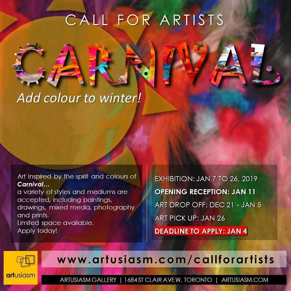 #callforartists
Art inspired by the spirit and colours of #carnival!
artusiasm.com/callforartists
#artusiasm #artgallery #torontoartist #Torontoart #artistsubmission #artistcall #artshow #artist #fineart #artsubmission