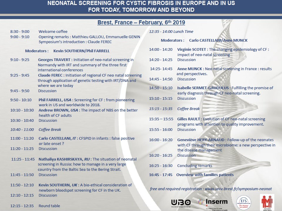 Symposium "Neonatal screening for #cysticfibrosis" à Brest le 6 février 2019 à l'#IBRBS <a href="/UBO_UnivBrest/">UBO - Univ. Brest</a> <a href="/vaincrelamuco/">Vaincre la Muco #SAM2025</a> <a href="/InsermGrdOuest/">Inserm Grand Ouest</a> @CHRU_Brest <a href="/FiliereMucoCFTR/">Filiere Muco-CFTR</a> <a href="/Genevieve_Hery/">Geneviève HéryArnaud</a>. Inscription libre mais obligatoire 👉 univ-brest.fr/symposium-neon…
Le programme #mucoviscidose : 👇
