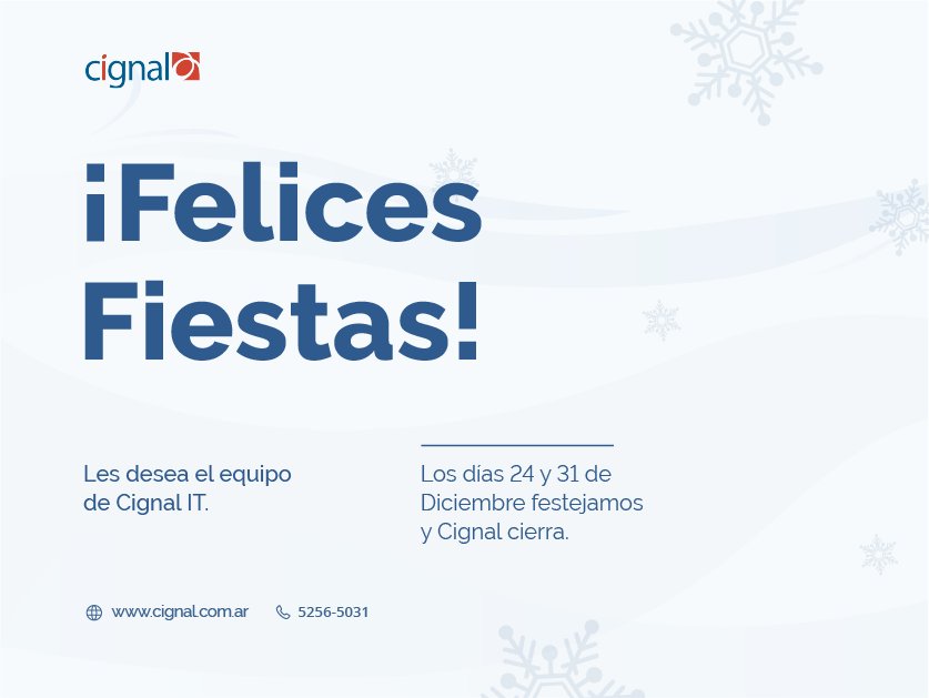 Cignal_it's tweet image. ¡Felices Fiestas! de parte del equipo de Cignal IT.

Les informarmos que los días 24 y 31 de diciembre Cignal se encontrará cerrado.
Visitá nuestra web y conocé más de nuestros productos y servicios:

🌐 cignal.com.ar

Tel. 011 5256-5031| ventas@cignal.com.ar

#cignalIT