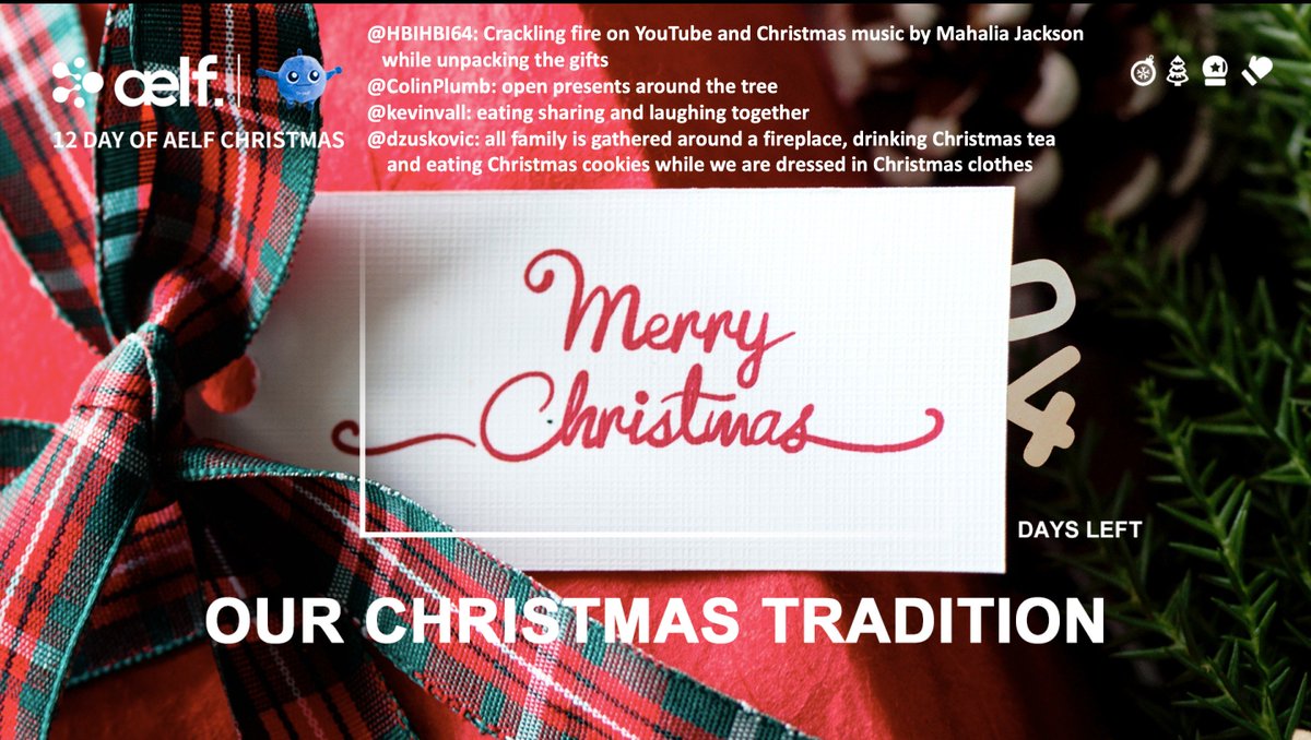 aelfblockchain's tweet photo. Thank you for sharing with us your Christmas traditions.
From today until the 24th, tell us or show us with images, your favorite aelf or aelf community moments!
 #aelfchristmas
@HBIHBI64
@ColinPlumb
@kevinvall
@dzuskovic https://t.co/DvjmQjy1vI