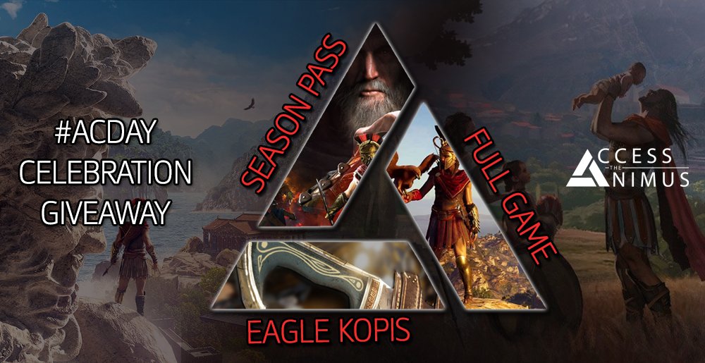 AccessTheAnimus's tweet image. We keep celebrating the #ACDay with a giveaway of a code of #AssassinsCreed Odyssey [X1], a Season Pass [PS4] and 50 Eagle Kopis codes!

Follow us, RT this tweet and answer: "On which date did Desmond Miles sacrifice himself to save the world?"

Rules: bit.ly/2Ram6SX