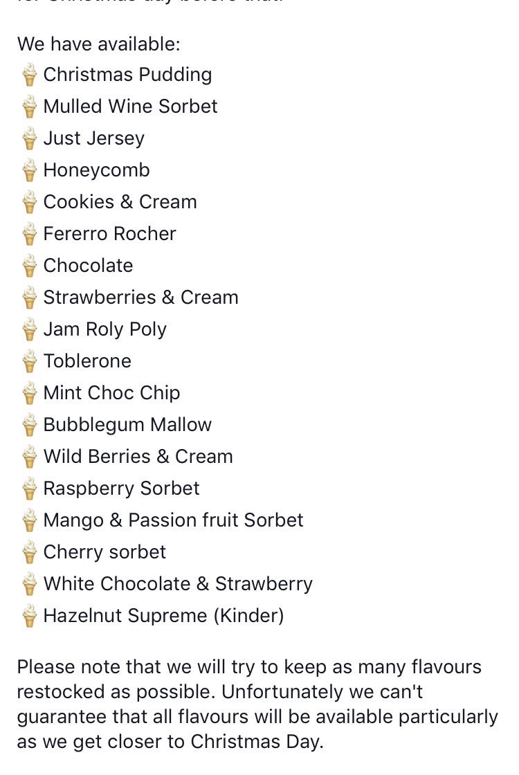 tickety_moo's tweet photo. The Barn is open until 3pm on Christmas Eve to stock up on your ice cream for Christmas! The perfect present and a yummy addition to any pudding!!! Happy Christmas to all our wonderful customers and thank you for your support in our 3 shops this year! Happy New Year!🍦#ticketymoo https://t.co/CUbaJ5RjRg