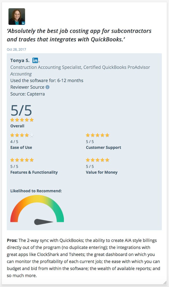 knowify's tweet photo. #PMChecklist A6: “Absolutely the best job costing app for subcontractors and trades that integrates with QuickBooks.” Tonya Schulte, Construction Accounting Specialist, Certified QuickBooks ProAdvisor Accounting (Peoria, Arizona). Read @schultetonya's review & more at @Capterra. https://t.co/CGyxG7BYcW