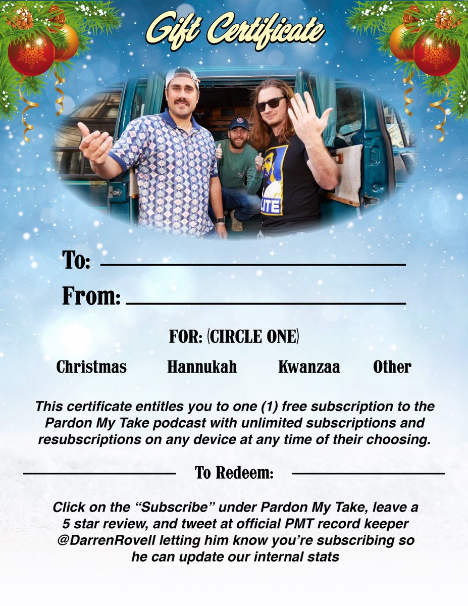 PardonMyTake's tweet image. Our Christmas Present to you. 1 free subscription to Pardon My Take. Please give to your loved ones this weekend and make sure you follow all directions listed so official PMT record keeper Darren Rovell can update our statistics #LoveYouGuys