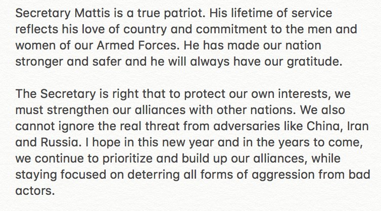 Sec. Mattis is a patriot. His lifetime of service reflects his love of country & commitment to our men and women in uniform. He is right that to protect our interests, we must strengthen our alliances. We also can't ignore the threat from adversaries like China, Iran, and Russia.