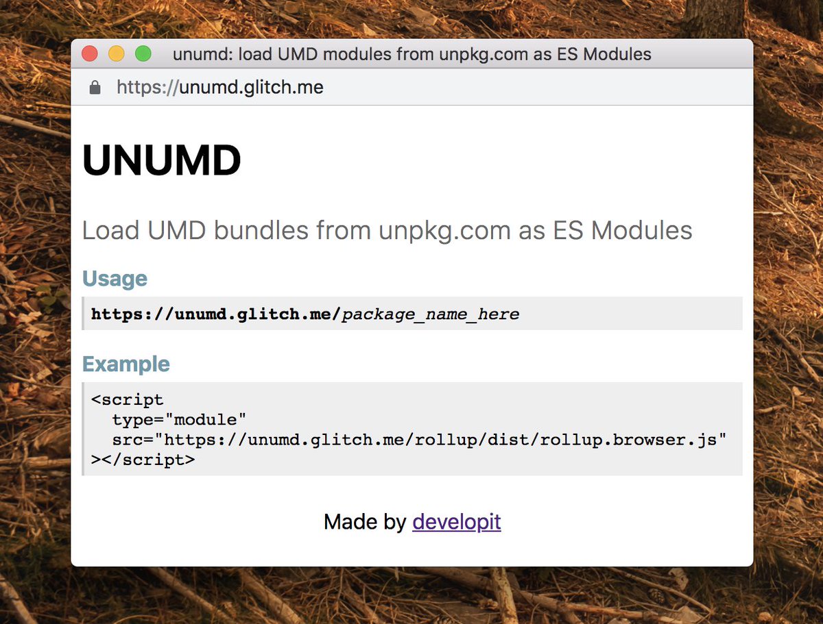 Hello person who is trying <script type=module>
Want to import UMD bundles from unpkg as an ES Module?
okay
unumd.glitch.me