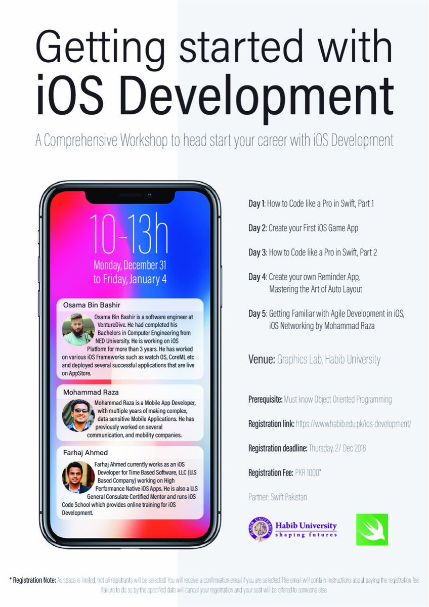 swiftpakisan's tweet image. @swiftpakisan brings its first workshop &quot;Getting Started with iOS Development&quot; in collaboration with Habib University.

Registration Deadline: 27th Dec, 2018
Location: Graphics Lab, Habib University

You can register here for the workshop:
habib.edu.pk/ios-developmen…

#SwiftPakistan