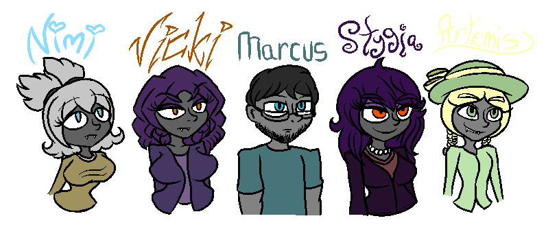 xenardraws's tweet photo. Drew my vampire gang for a spectrum meme on DeviantArt #uvoddart #original #ocs #nimi #vicki #marcus #stygia #artemis #vampire https://t.co/asDKpZK135