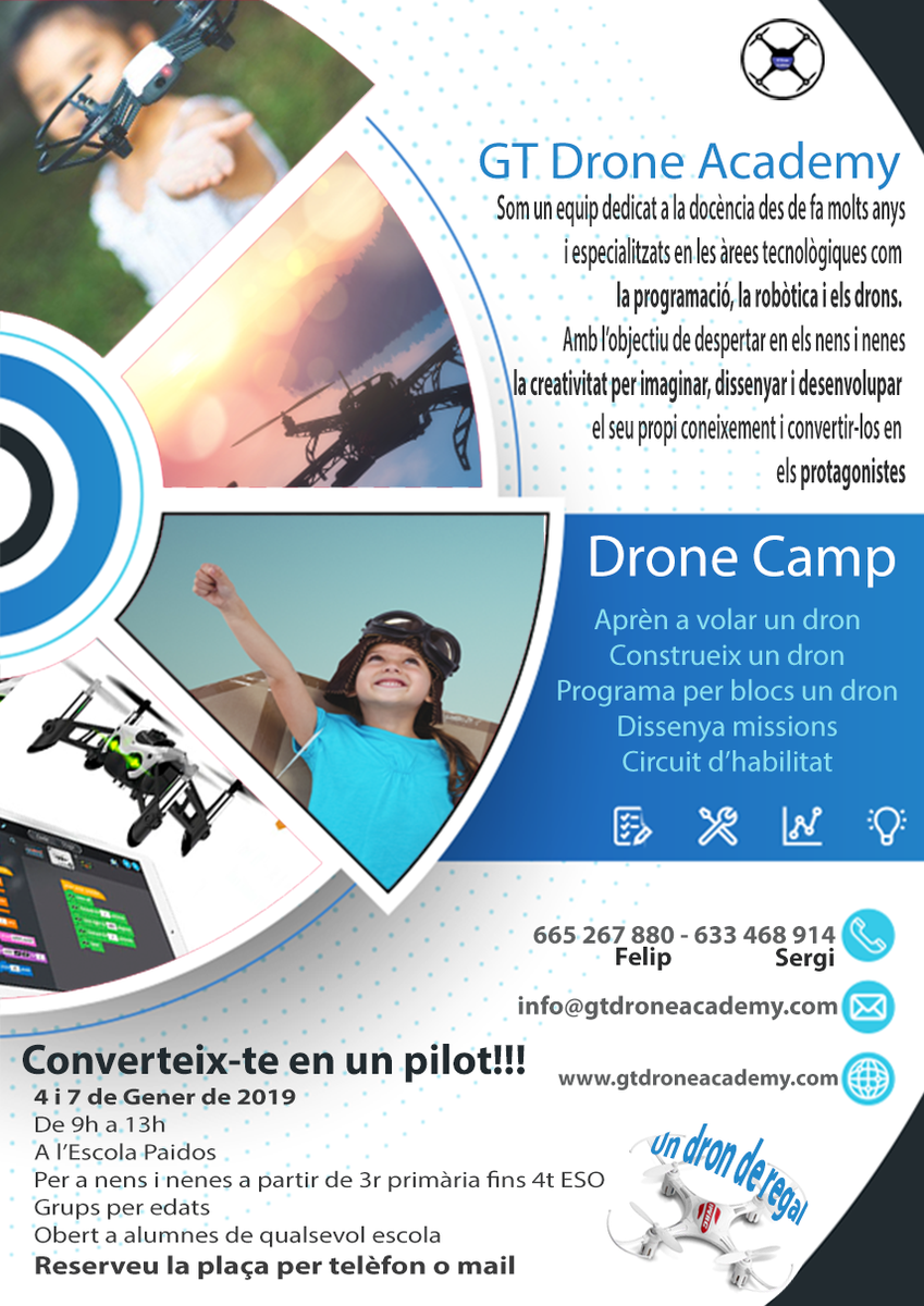 COOPPAIDOS's tweet photo. El 4 i 7 de Gener de 2019 tots els nois i noies 👨‍🔧👩‍🔧 es podran convertir en #pilots! Aprendran a construir, programar i fer volar un #dron 🚀🤖 Dissenyaran missions i circuits d'habilitat. Serà molt divertit! 👍👍 @innovatrams @Acer_Education @EscolesCoop @montpeita https://t.co/9d9Ej8EJux