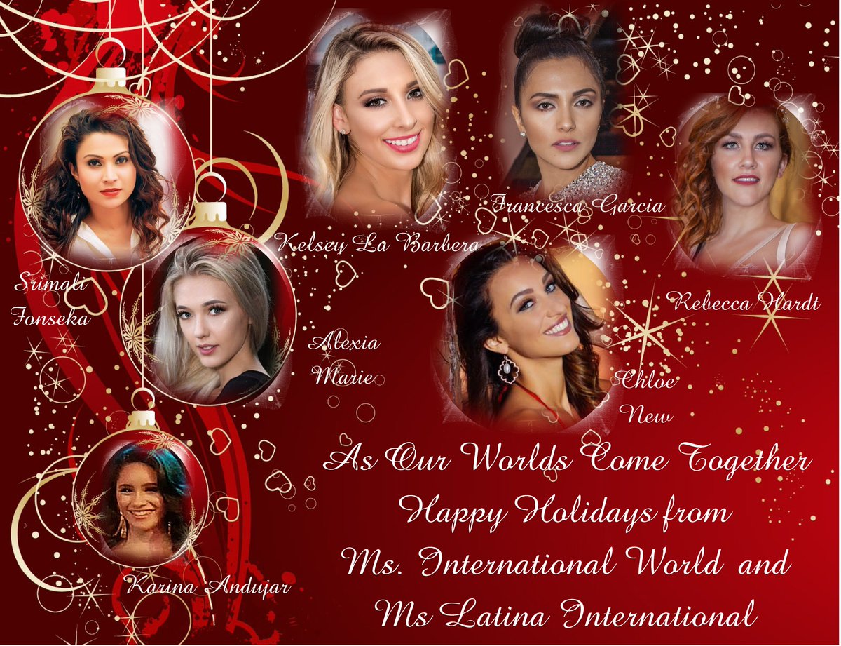Happy Holidays from Ms. International World and Ms. Latina International! 
As our worlds come together, we wish all of you a wonderful and fabulous holiday season!!  Remember, when you wish upon a star, "your dreams come true"! 
<a href="/PageantsNEWS/">PageantsNews</a> <a href="/PageantTimes/">Pageant Times</a>