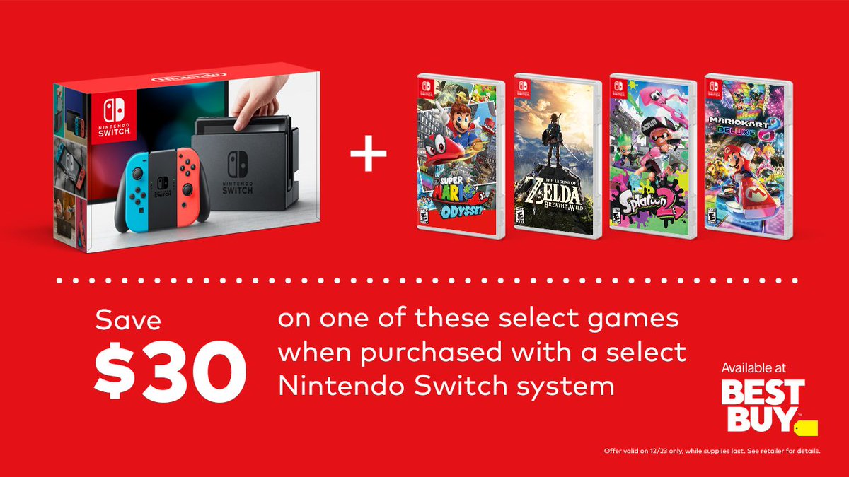 Time is running out to grab those last-minute gifts, so be sure you have the right one by jumping on this <a href="/BestBuy/">Best Buy</a> Deal of the Day! Today only, grab a #NintendoSwitch system and save $30 on a select Nintendo Switch game!  

bestbuy.com/site/offer/307…