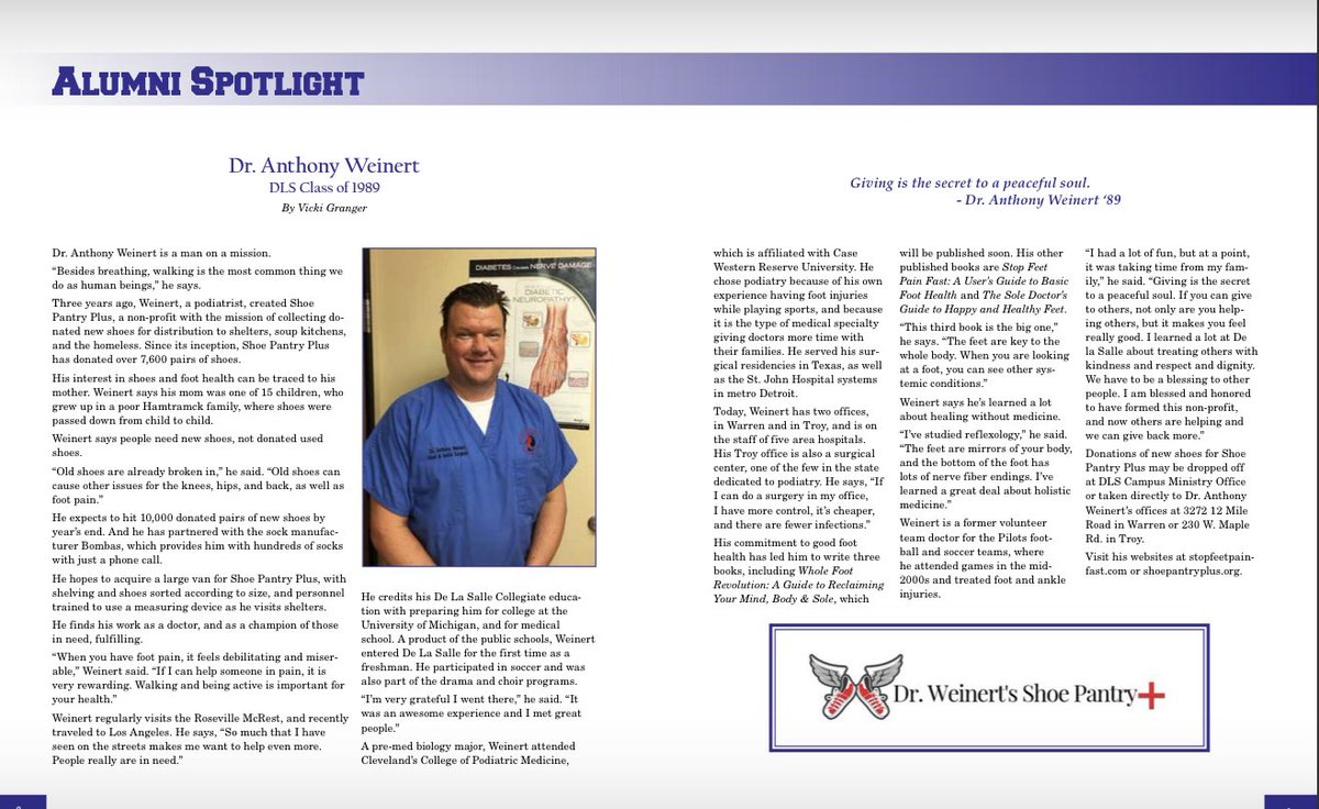 ShoePantryPlus's tweet photo. Great article by @VickiGranger and @delasallehs Alumni magazine “The Collegiate” about my @ShoePantryPlus and giving back to #Homeless , #Veterans and those in need by providing brand new shoes and socks #GivingBack #Shoes #Socks #PilotNation #BuildersofBoysMakersofMen #DLSalumni https://t.co/QnEZZvl6f8