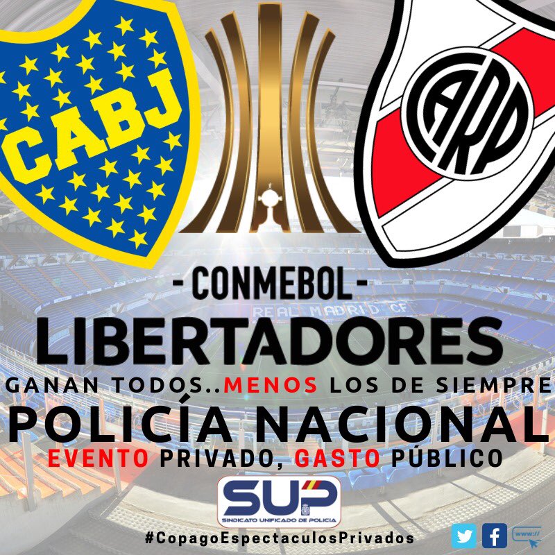 Sup_Policia's tweet photo. @tjcope @rubenmartinweb @RuizAntonito @Fiebre_Maldini @marcoslopez @pedritonumeros 📆Final #CopaLibertadores2018
👉🏼Beneficio a la parte privada
👉🏼Gasto a la parte pública.
🏟El copago de estos eventos serviría para mejorar los medios que utilizan l@s policías a diario.
@carrusel
@diarioas
@Radioestadio
@elchiringuitotv 
@marca 
#CopagoEspectáculosPrivados https://t.co/joBb24hQXi