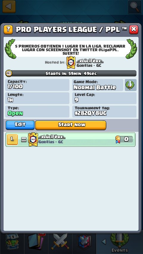 Ya creado el primer torneo clasificatorio de hoy! Recuerda que si quedas entre los 5 primeos, deberás contactarnos con captura de pantalla para obtener tu pase a la liga. Empezamos en 1 hora!!

#ClashRoyale #PPL 

<a href="/AyudasPolo/">Ayudas Polo</a> @ayudas_iknox @Ayudas_Banner <a href="/AyudasDeRT/">AyudasdeRt🅱</a>
