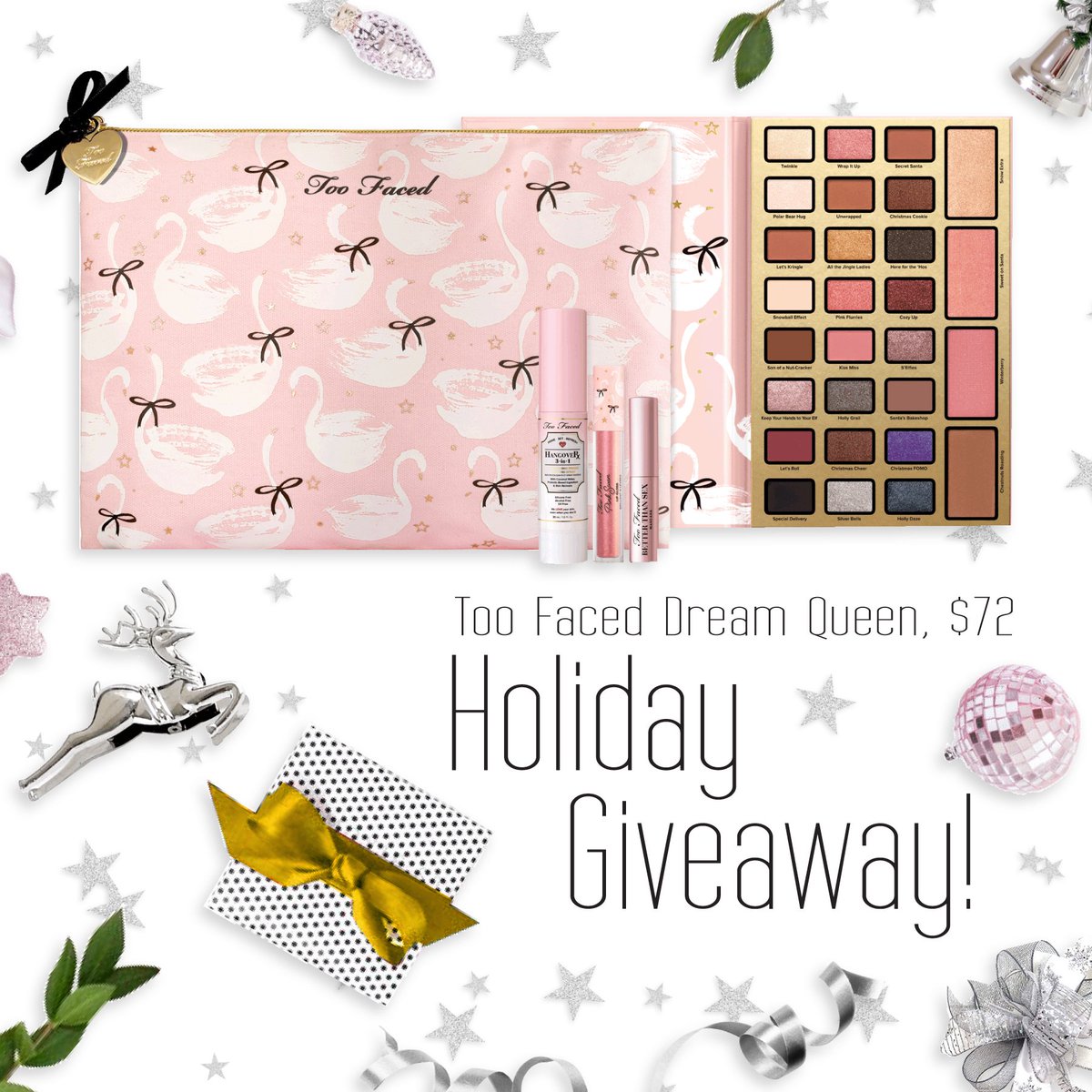 FazeMagazine's tweet photo. WIN! A Too Faced Dream Queen Limited-Edition Makeup Collection set with 24 eyeshadows, mascara, lipgloss, travel-size hair spray and a sweet fold-over bag. Enter: Like/Comment/RT. #lipstick #giveaway #win #canadiancontest #contest #contests #contestalert #toofaced #sephoracanada https://t.co/wzhUvqNk4z