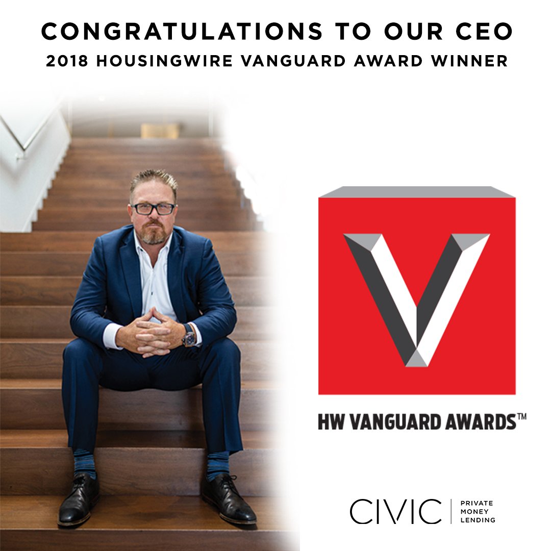 clushina's tweet photo. Congratulations to our CEO for being named winner of the 2018 HousingWire Vanguard Award! #2018HWVanguards #privatemoney #TeamCIVIC #bestplacestowork https://t.co/2fsUwklorD