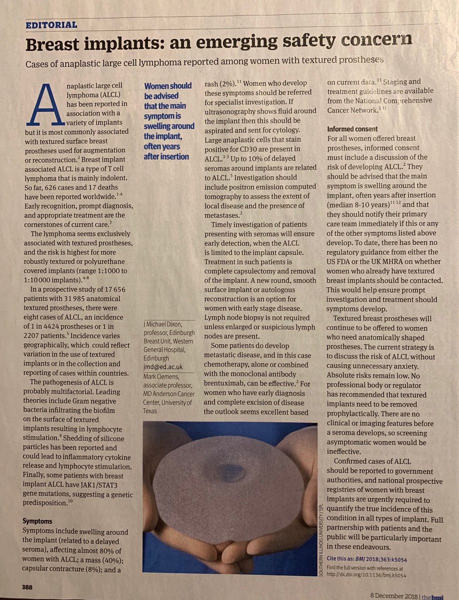 NigelMercer's tweet photo. ⁦@bmj_latest⁩ Article on BIA-ALCL. GDPR makes it almost impossible to contact patients who, over the last 25 years, may have moved, divorced or unfortunately died of their original breast cancer. If any Pt. has any worries or concerns please see your surgeon for advice. https://t.co/CWmo566xDY