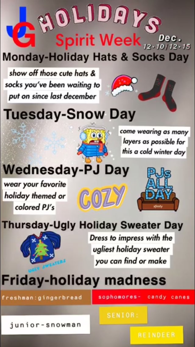 It’s HOLIDAY SPIRIT WEEK🎅🏼! Participate in tomorrow’s spirit day holiday hats and socks🧢🧦