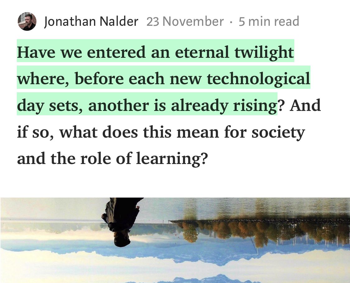 jnxyz's tweet image. 5 min read:
HAVE we entered a phase of history where before society has had a chance to adjust to each new tech, another is already rising? 🤔
&amp;gt; link.medium.com/ELYVNov3vS

#futurewe #edfutures #befutureready #edchat