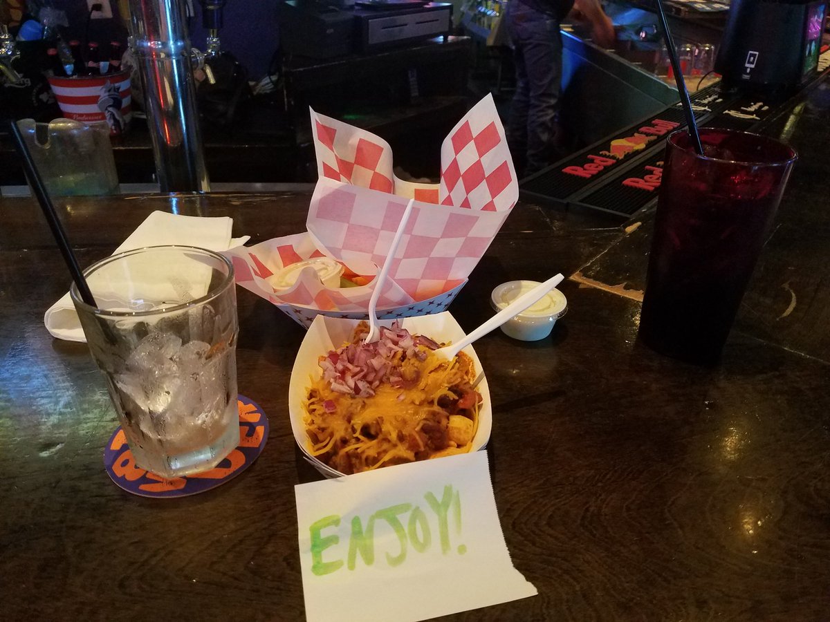 Closed out but ordered a small $1 snack. Went to bathroom and got surprised with more. I love that my local bar loves me, they bought all this food for me!!!