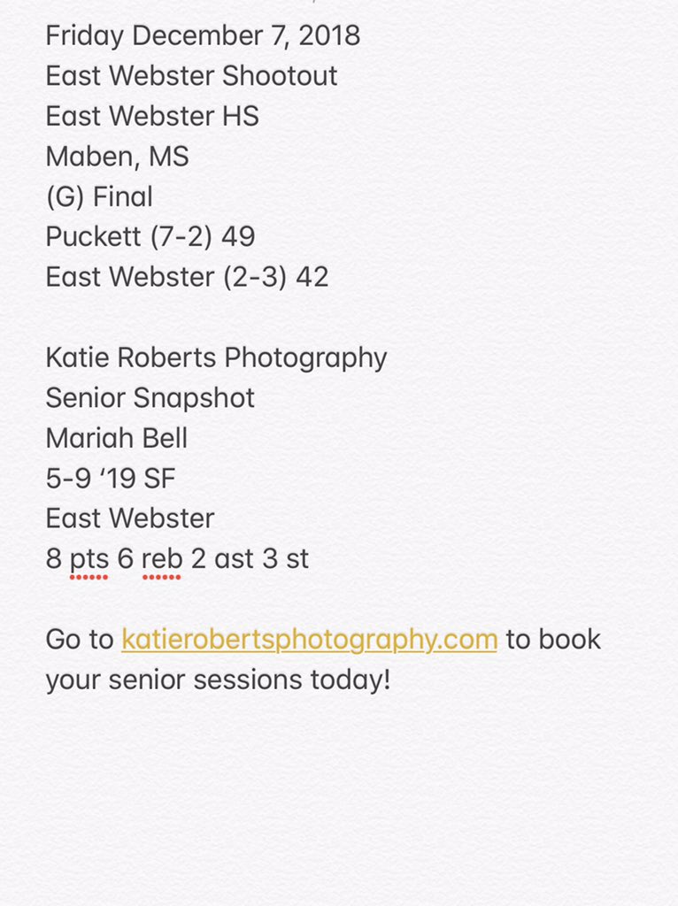 magnolia_hoops's tweet photo. Friday December 7, 2018
East Webster Shootout
East Webster HS
Maben, MS
(G) Final
Puckett 49
East Webster 42

Katie Roberts Photography
Senior Snapshot
Mariah Bell
5-9 ‘19 SF
East Webster
8 pts 6 reb 2 ast 3 st

Go to https://t.co/4i1Je6sOH4 to book your senior sessions today! https://t.co/DDtPvSgfa6