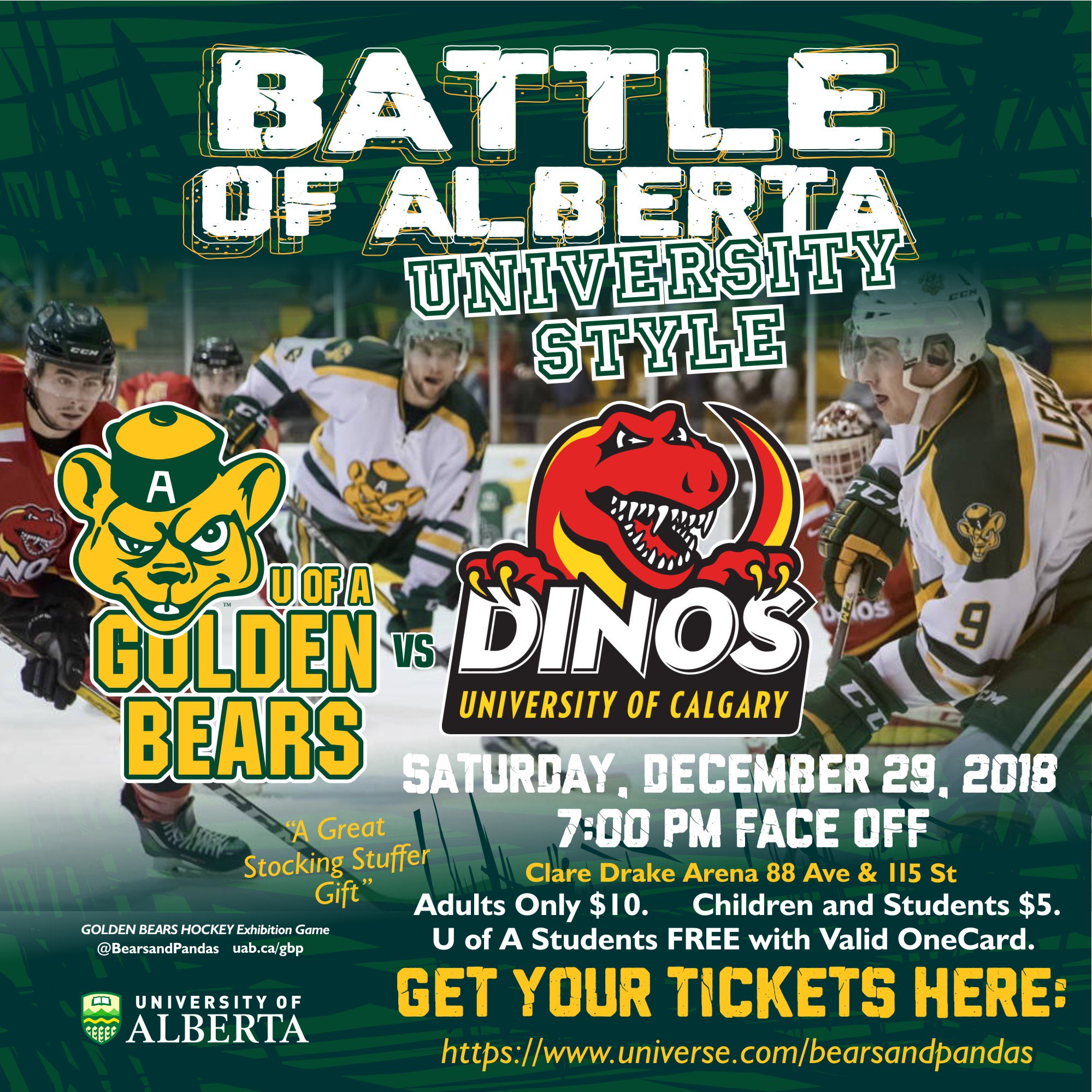 Stan Marple GM Golden Bears Hockey on Twitter: "Great Stocking Stuffer for Christmas Battle of Alberta - University Style ! Adults only $ 10 Children $ 5 @UAlberta students FREE with valid
