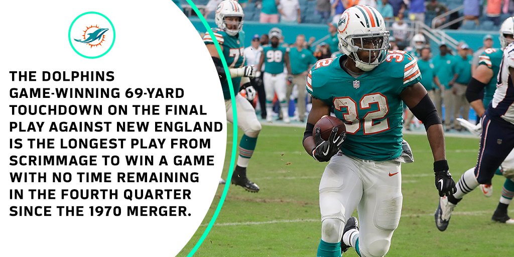 NFL345's tweet photo. The @MiamiDolphins game-winning 69-yard touchdown on the final play against New England is the longest play from scrimmage to win a game with no time remaining in the fourth quarter since the 1970 merger. https://t.co/EGsZPzqz6P