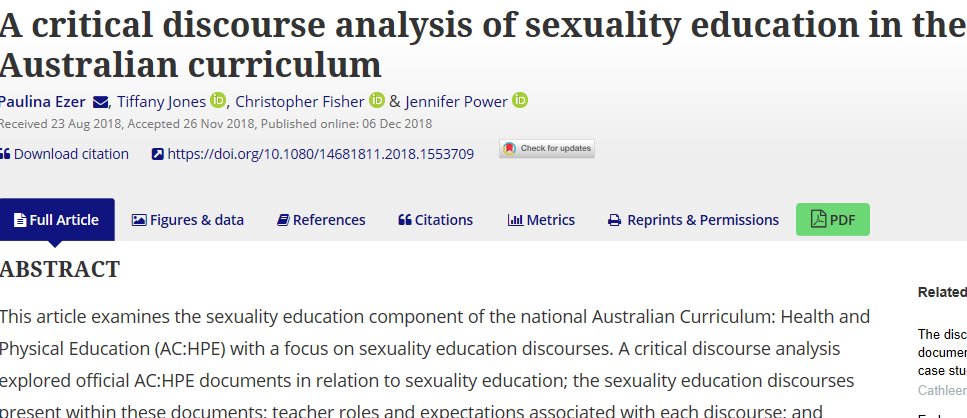 Check out this new article on sexuality education in the Australian curriculum by our colleagues Paulina Ezer, Dr Tiffany Jones, @SexEdDr  <a href="/jen_j_p/">Jen Power</a> tandfonline.com/doi/full/10.10… #sexuality #education #curriculum #Australia