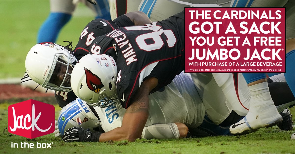 The sack by @cammalveaux gets you a FREE Jumbo Jack with purchase of a large drink at participating Phoenix @JackBox Monday.