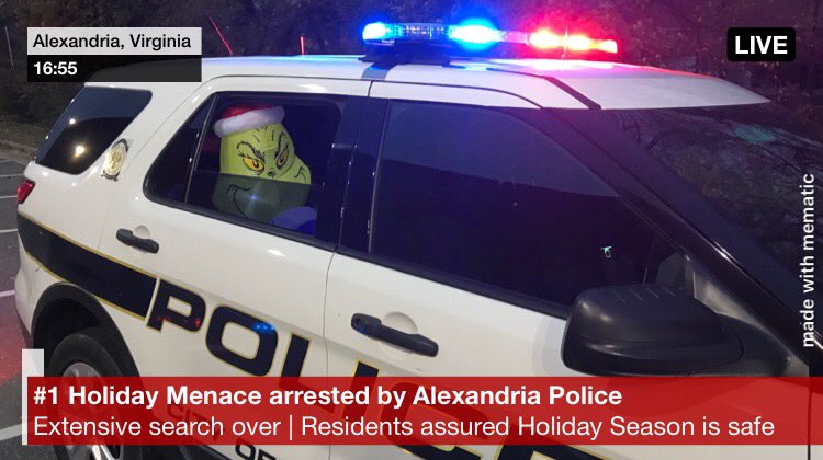 AlexandriaVAPD's tweet image. You just never know who patrol officers are going to run across while working this holiday season 🧐🎄#TheGrinch #APDSavedChristmas
