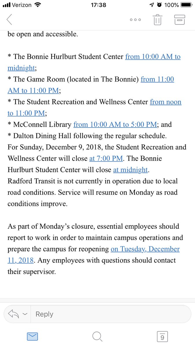 RAD___NEWS's tweet photo. @radfordu will be closed on Monday, December 10, 2018.
#HighlanderForecast
@RUTartan @RadioFreeRaddy @RUExit109 @Beehivehsm @RUwhim @RadfordOnCamera https://t.co/txQ6JQg0Q1