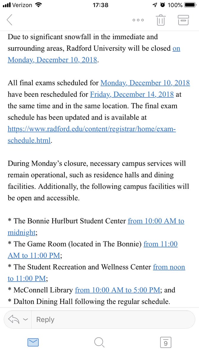 RAD___NEWS's tweet photo. @radfordu will be closed on Monday, December 10, 2018.
#HighlanderForecast
@RUTartan @RadioFreeRaddy @RUExit109 @Beehivehsm @RUwhim @RadfordOnCamera https://t.co/txQ6JQg0Q1