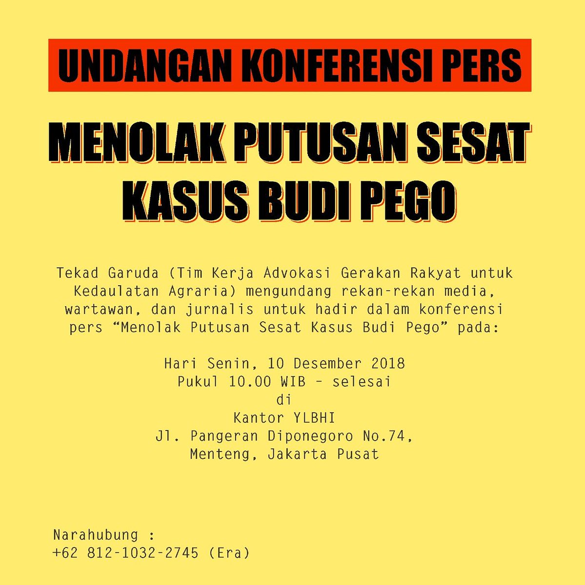 Silahkan bagi rekan-rekan media hari ini merapat ke Gedung @YLBHI ..
#bebaskanbudipego #savetumpangpitu #tolaktambangemas