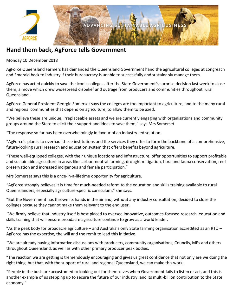 AgForceQLD's tweet photo. AgForce has released this statement in response to the Queensland Government's decision to close Ag colleges in Longreach and Emerald. #handagcollegesback  @GeorgieSomerset @MichaelS_Guerin @qclnews @afsnsw https://t.co/ewGDnzUUlD