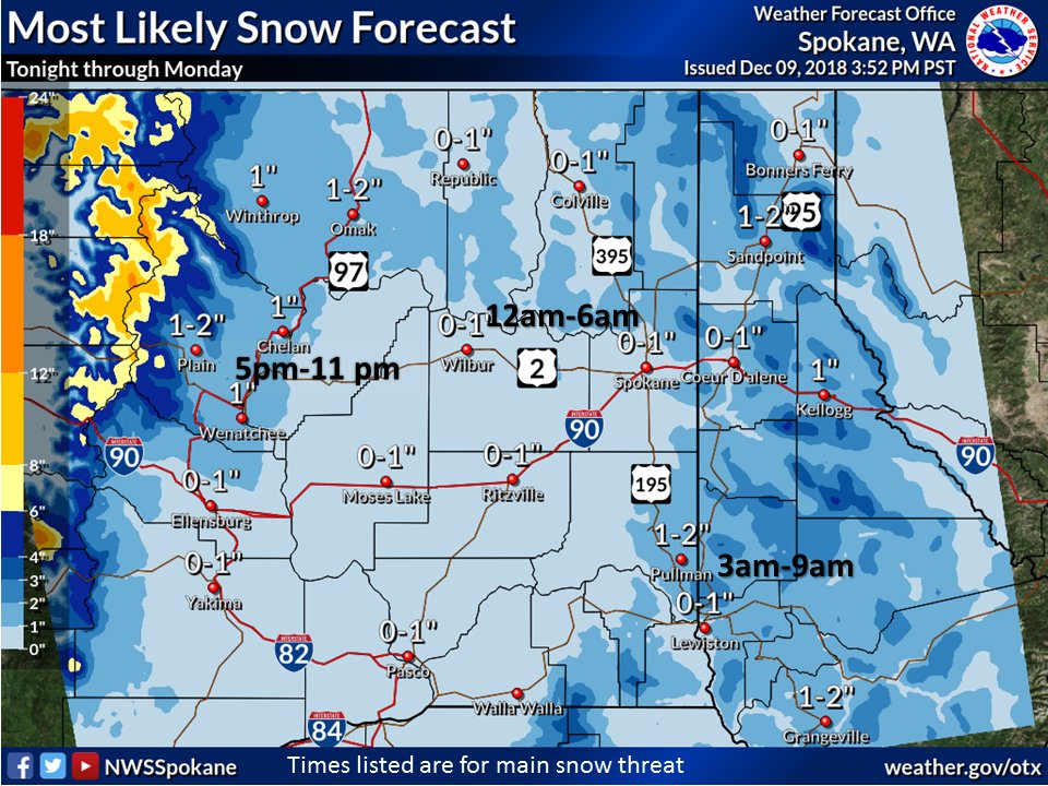 NWSSpokane's tweet photo. Light snow will spread into Central Washington this evening & into Eastern Washington & north ID overnight though Mon morning. Another system will arrive Tues morning bringing snow to much of the region. Many will likely see a change from snow to rain late Tues afternoon/evening. https://t.co/5WL8boH2Ak