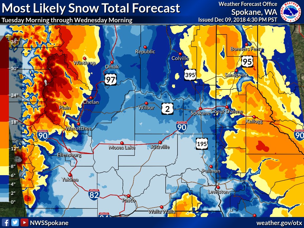 NWSSpokane's tweet photo. Light snow will spread into Central Washington this evening & into Eastern Washington & north ID overnight though Mon morning. Another system will arrive Tues morning bringing snow to much of the region. Many will likely see a change from snow to rain late Tues afternoon/evening. https://t.co/5WL8boH2Ak